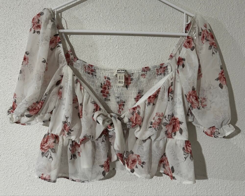 Privy Boho Romantic Floral Chiffon Crop Top Smocked Flounce Blouse M